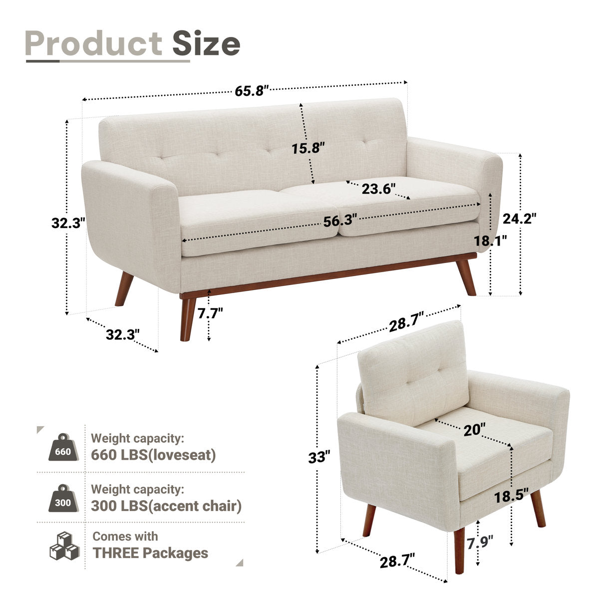 65" W Loveseat Sofa With 2 Armchair Accent Chair