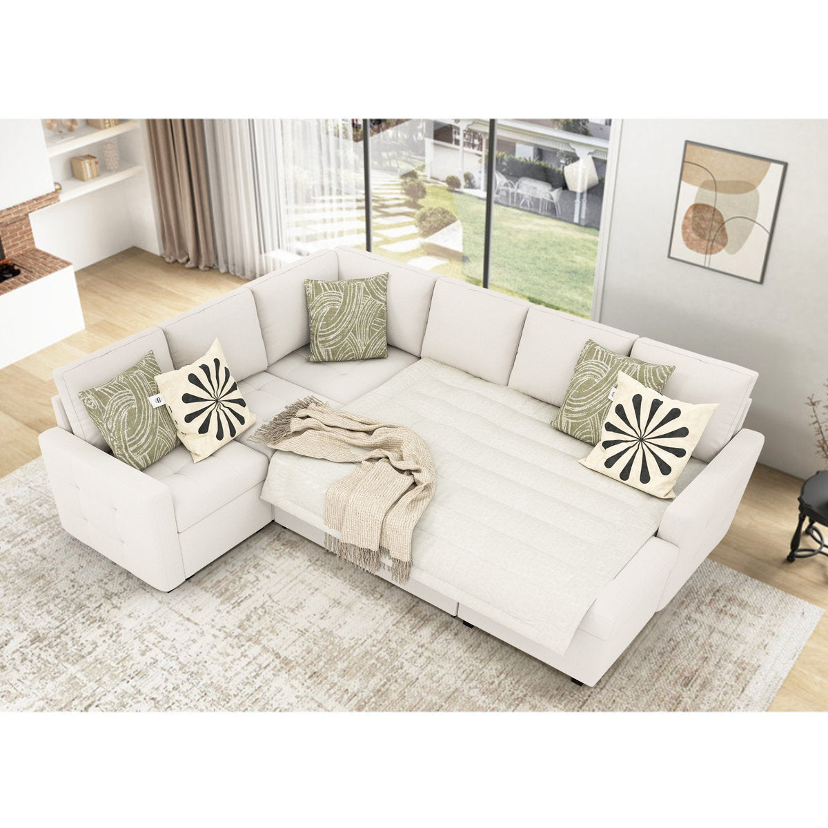 7-Piece U-Shaped Sectional Sofa Bed Pull Out Sleeper Couch With Storage Ottoman