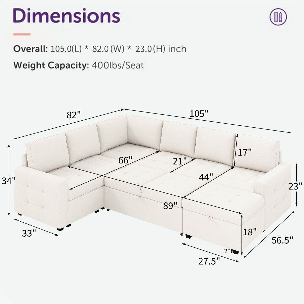 7-Piece U-Shaped Sectional Sofa Bed Pull Out Sleeper Couch With Storage Ottoman
