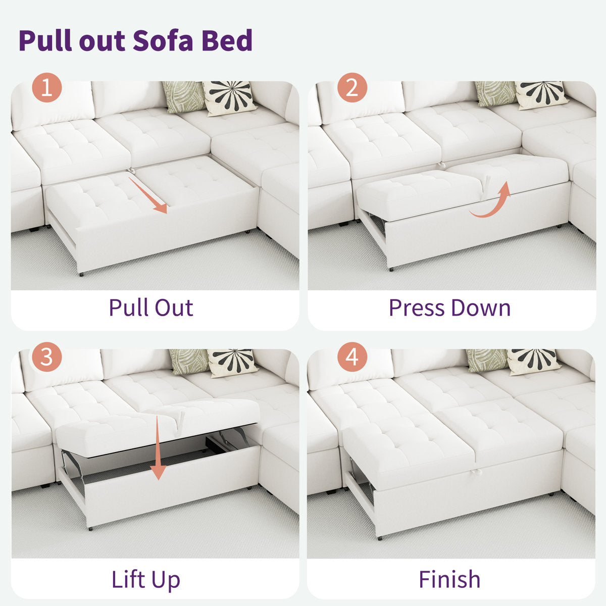 7-Piece U-Shaped Sectional Sofa Bed Pull Out Sleeper Couch With Storage Ottoman