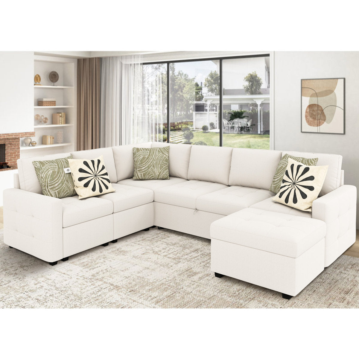7-Piece U-Shaped Sectional Sofa Bed Pull Out Sleeper Couch With Storage Ottoman