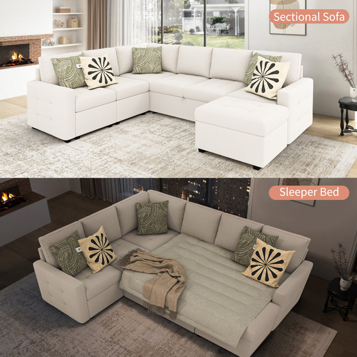 7-Piece U-Shaped Sectional Sofa Bed Pull Out Sleeper Couch With Storage Ottoman