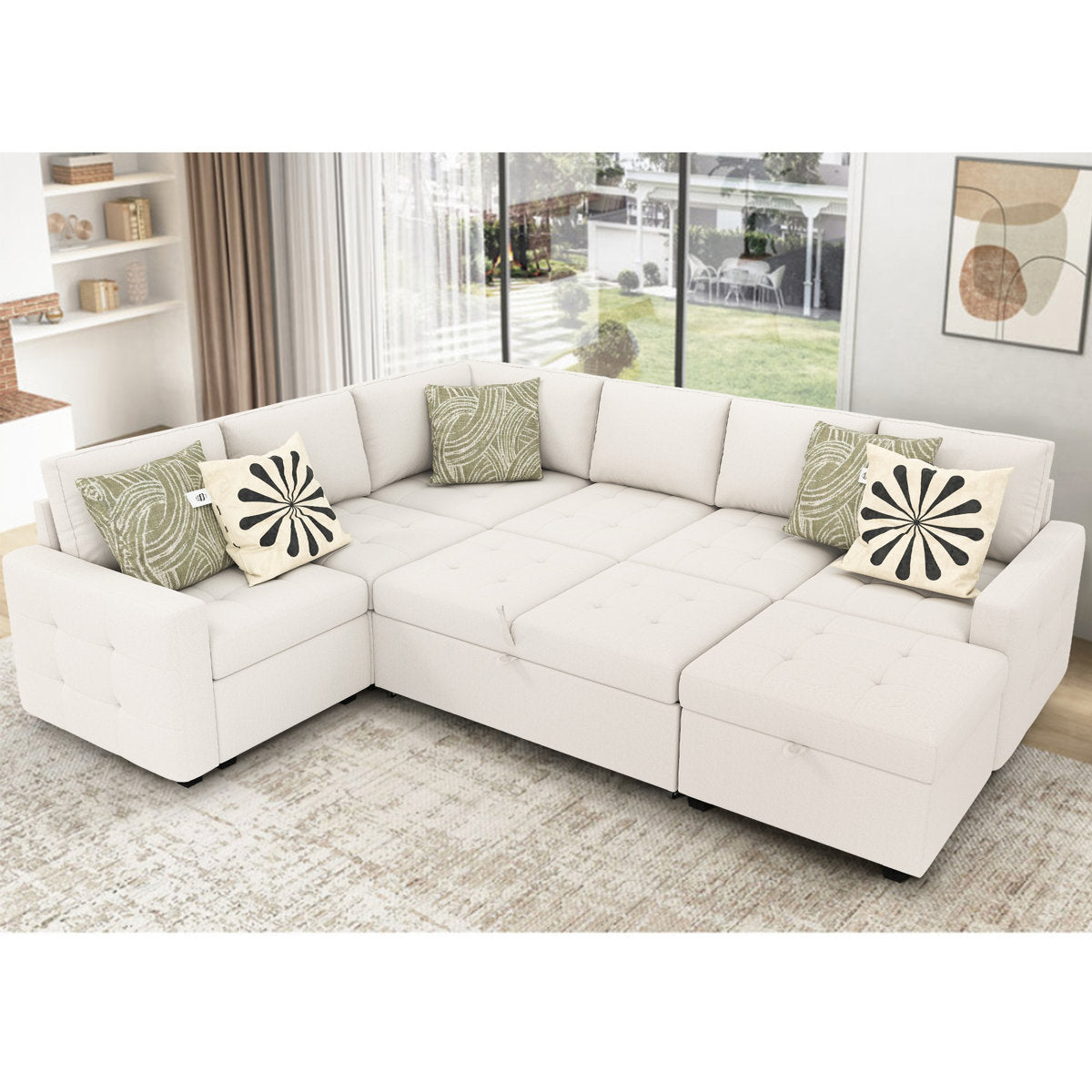 7-Piece U-Shaped Sectional Sofa Bed Pull Out Sleeper Couch With Storage Ottoman