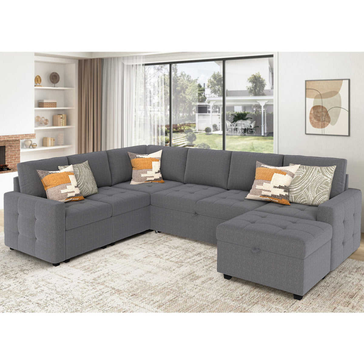7-Piece U-Shaped Sectional Sofa Bed Pull Out Sleeper Couch With Storage Ottoman
