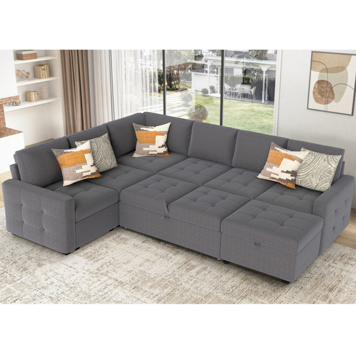 7-Piece U-Shaped Sectional Sofa Bed Pull Out Sleeper Couch With Storage Ottoman