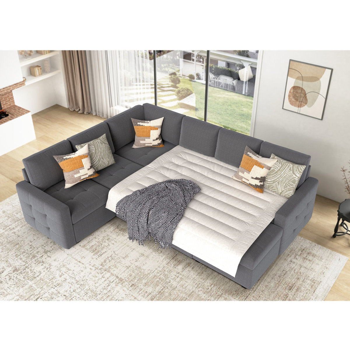 7-Piece U-Shaped Sectional Sofa Bed Pull Out Sleeper Couch With Storage Ottoman