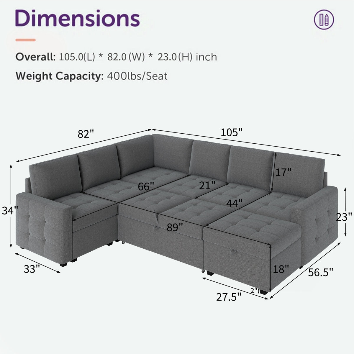 7-Piece U-Shaped Sectional Sofa Bed Pull Out Sleeper Couch With Storage Ottoman