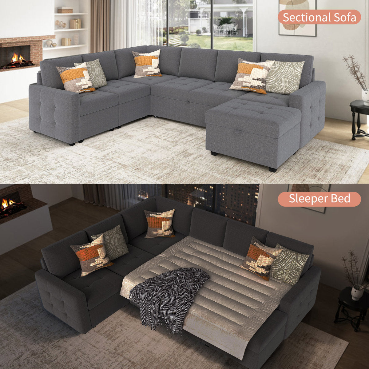 7-Piece U-Shaped Sectional Sofa Bed Pull Out Sleeper Couch With Storage Ottoman