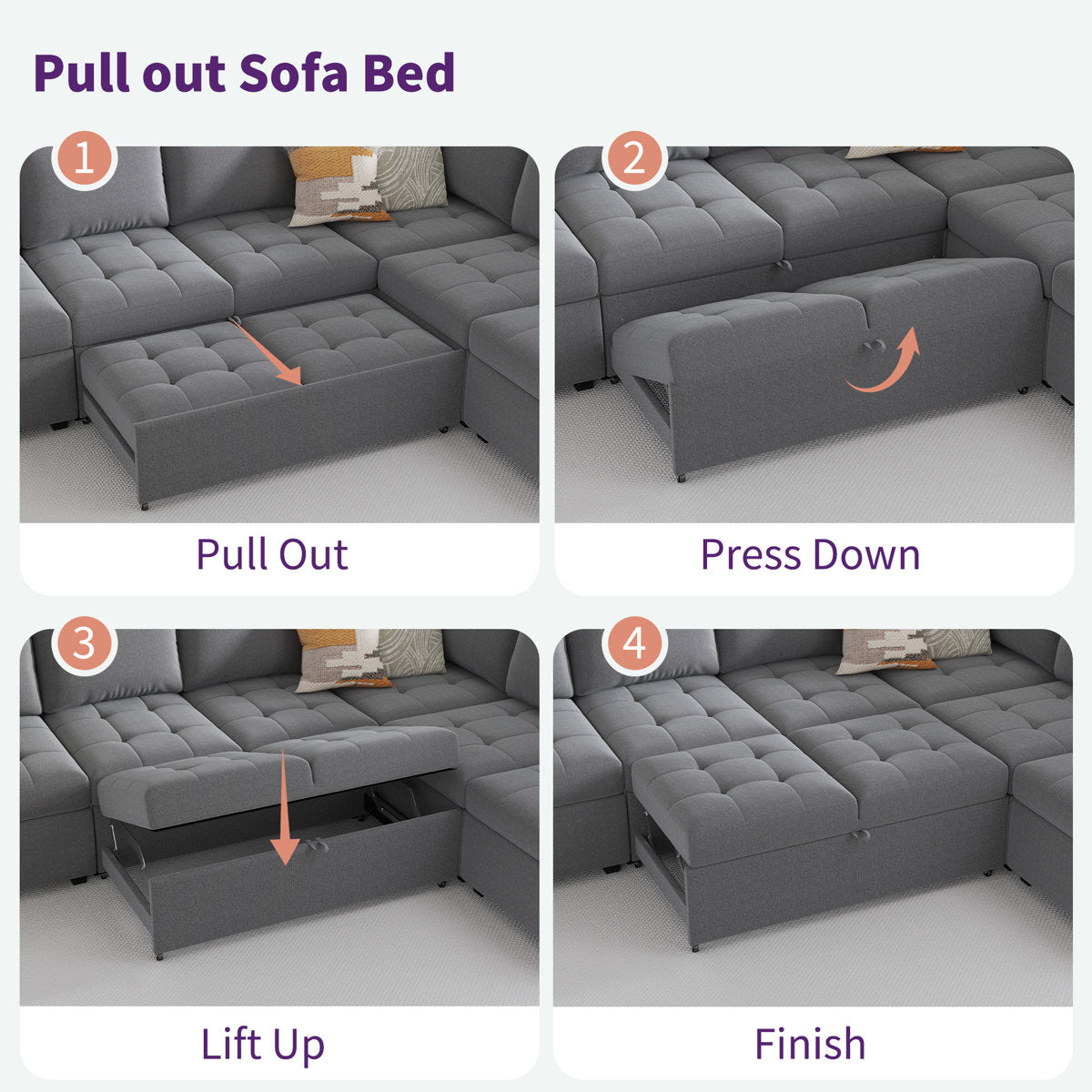 7-Piece U-Shaped Sectional Sofa Bed Pull Out Sleeper Couch With Storage Ottoman