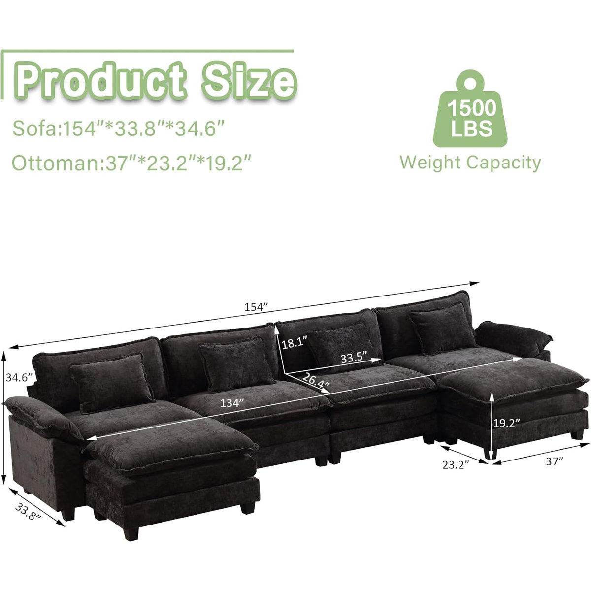 Adonia 154" Oversized U Shaped Sectional Sofa, Comfy Cloud Couch Deep Sectional Sofa with Ottomans for Living Room