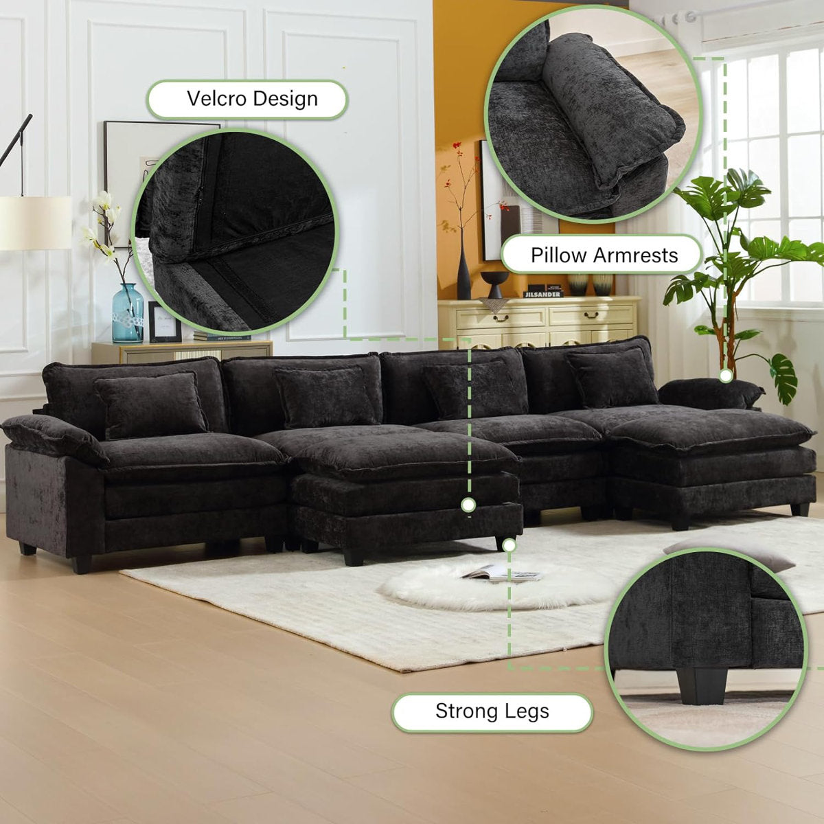 Adonia 154" Oversized U Shaped Sectional Sofa, Comfy Cloud Couch Deep Sectional Sofa with Ottomans for Living Room