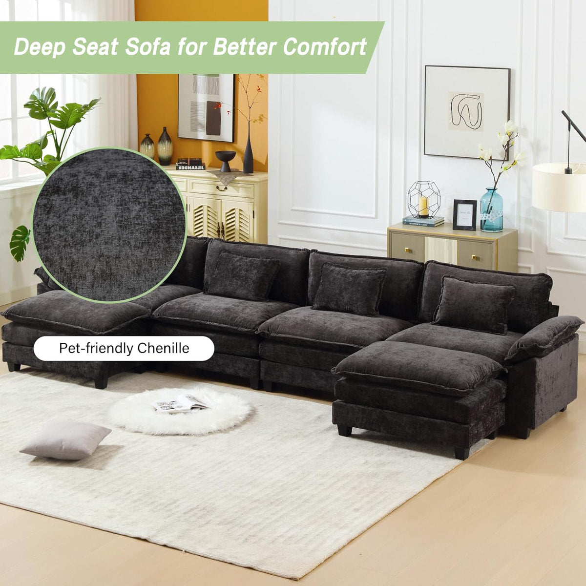 Adonia 154" Oversized U Shaped Sectional Sofa, Comfy Cloud Couch Deep Sectional Sofa with Ottomans for Living Room
