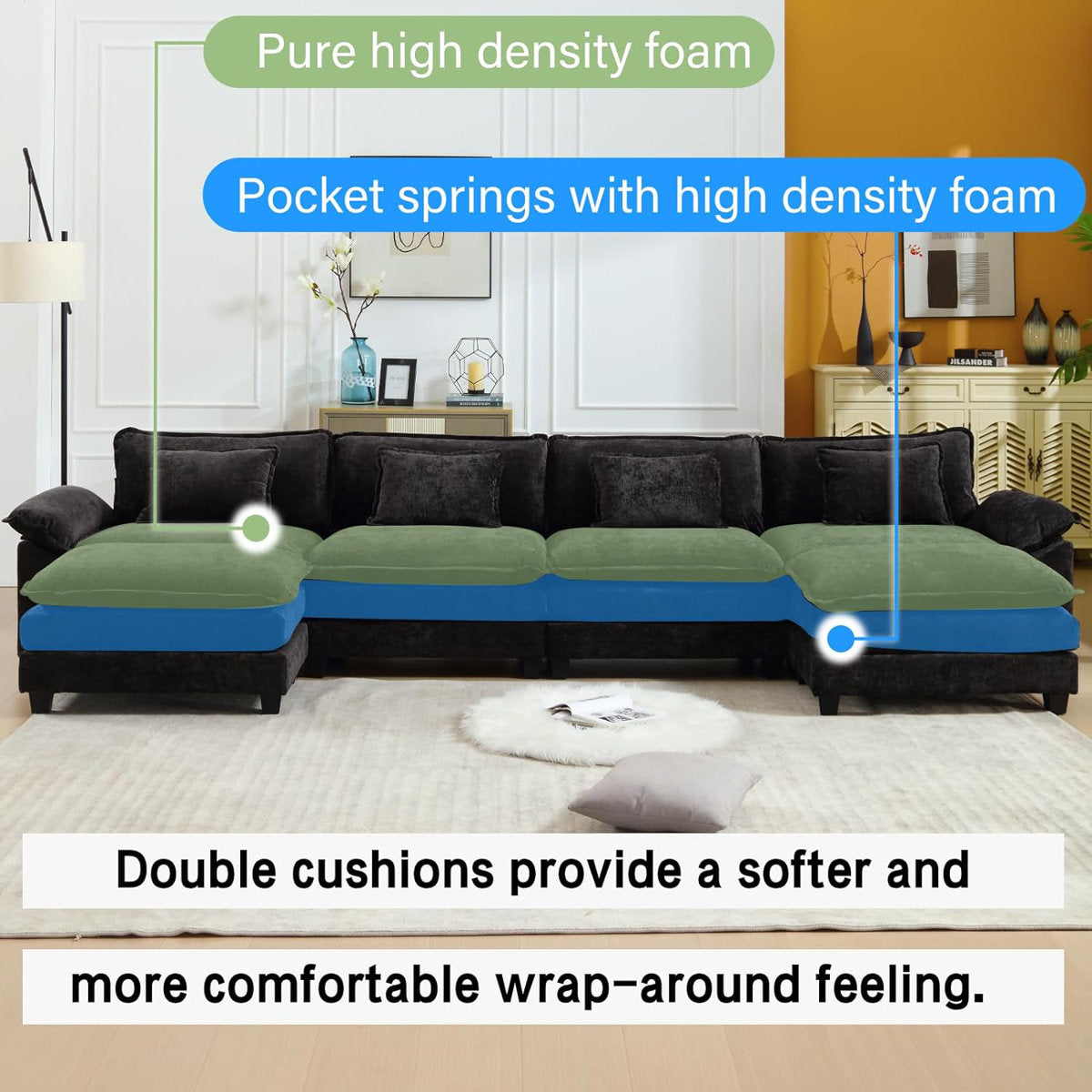 Adonia 154" Oversized U Shaped Sectional Sofa, Comfy Cloud Couch Deep Sectional Sofa with Ottomans for Living Room