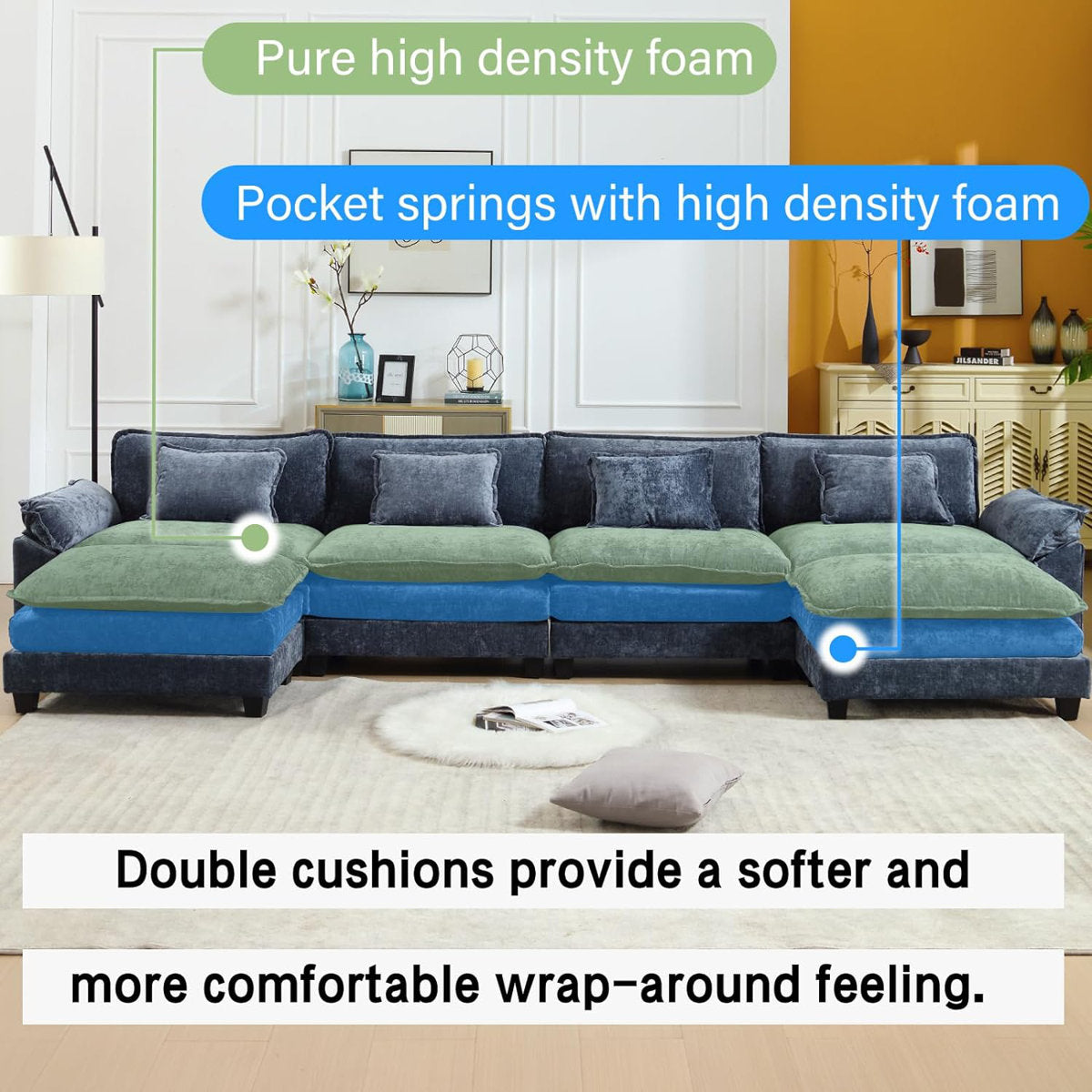 Adonia 154" Oversized U Shaped Sectional Sofa, Comfy Cloud Couch Deep Sectional Sofa with Ottomans for Living Room