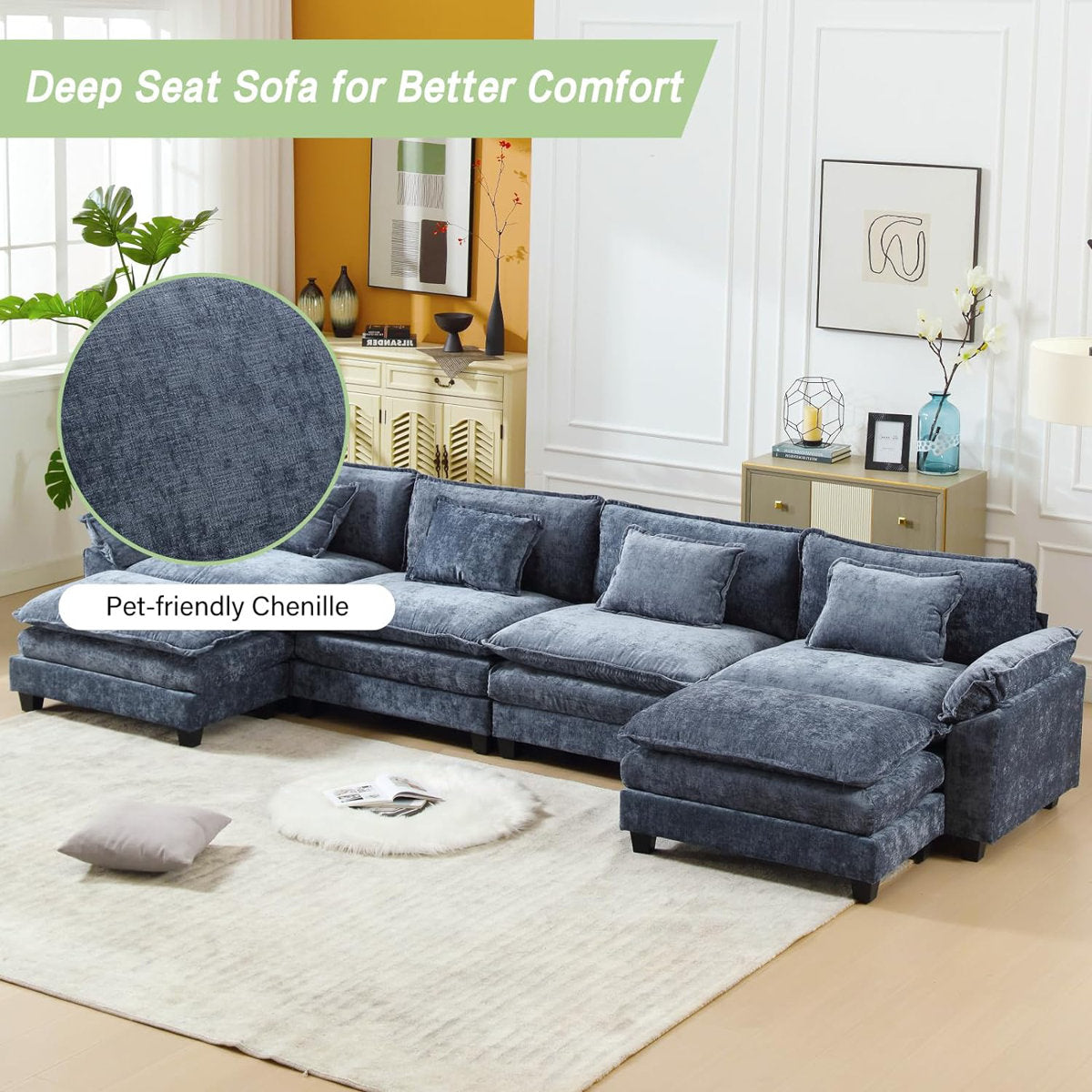 Adonia 154" Oversized U Shaped Sectional Sofa, Comfy Cloud Couch Deep Sectional Sofa with Ottomans for Living Room
