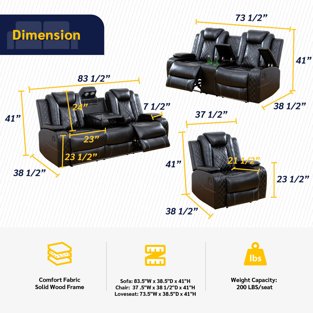 Ajaipal 3 Piece Power Reclining  Breathing Faux Leather with LED and Reading Light Living Room Set (Set of 3)