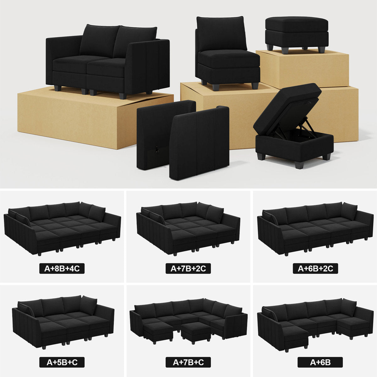 Allinson 9-Piece U Shaped Velvet Freely Combined Modular Sofa L-Shaped Solid Wood Sectional Storage Couch Livingroom Sofa with Ottoman