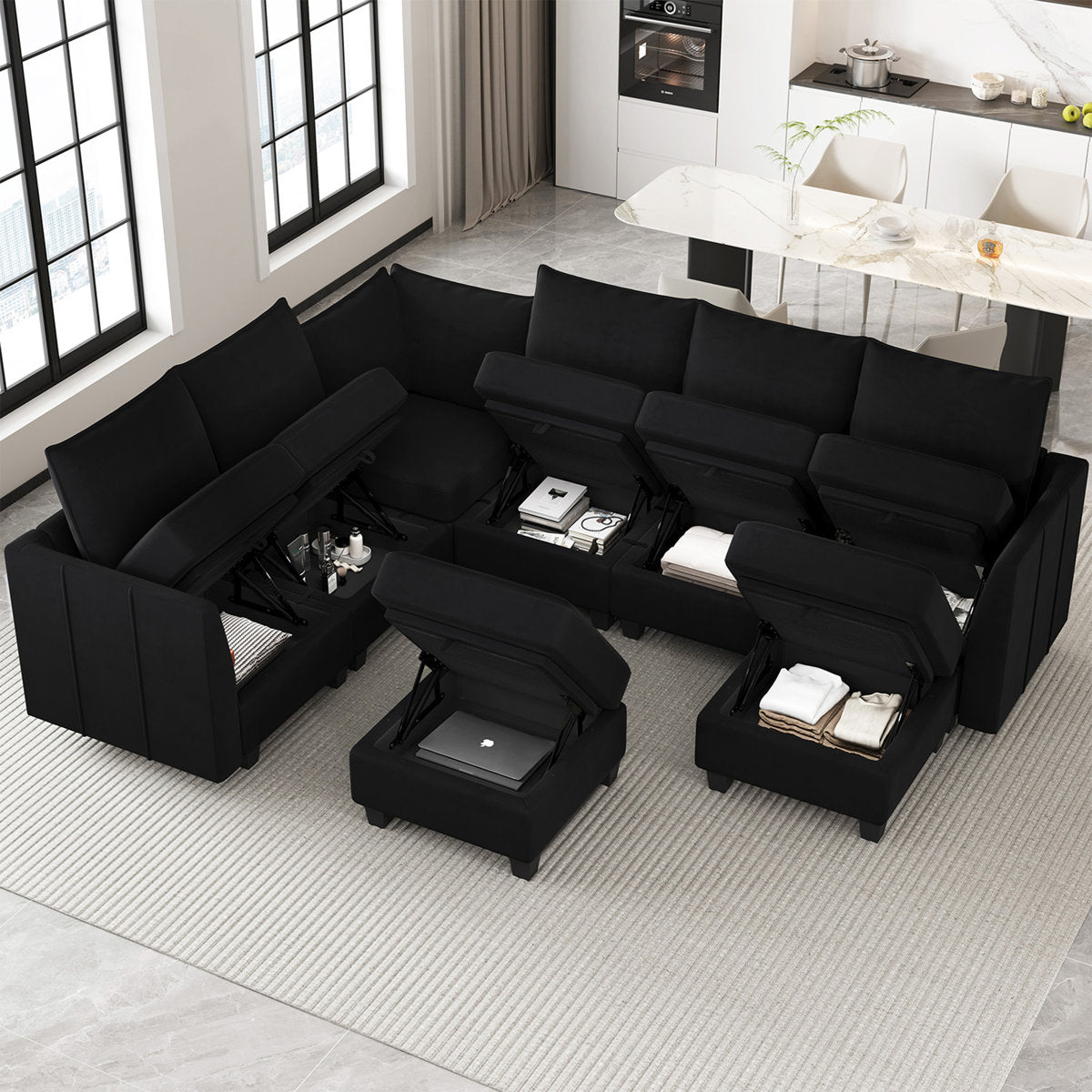 Allinson 9-Piece U Shaped Velvet Freely Combined Modular Sofa L-Shaped Solid Wood Sectional Storage Couch Livingroom Sofa with Ottoman