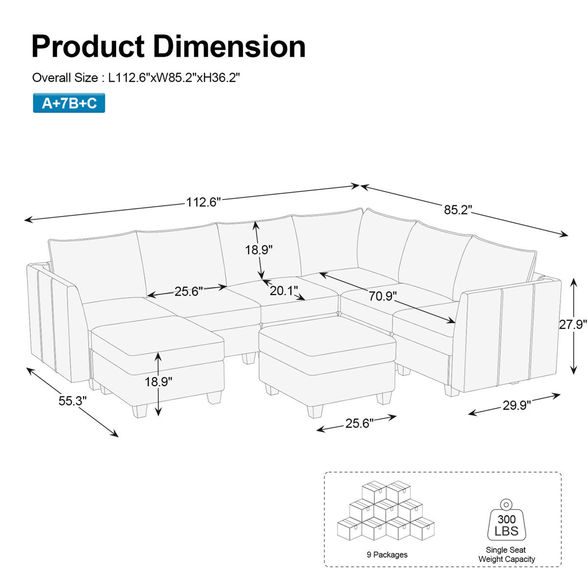Allinson 9-Piece U Shaped Velvet Freely Combined Modular Sofa L-Shaped Solid Wood Sectional Storage Couch Livingroom Sofa with Ottoman