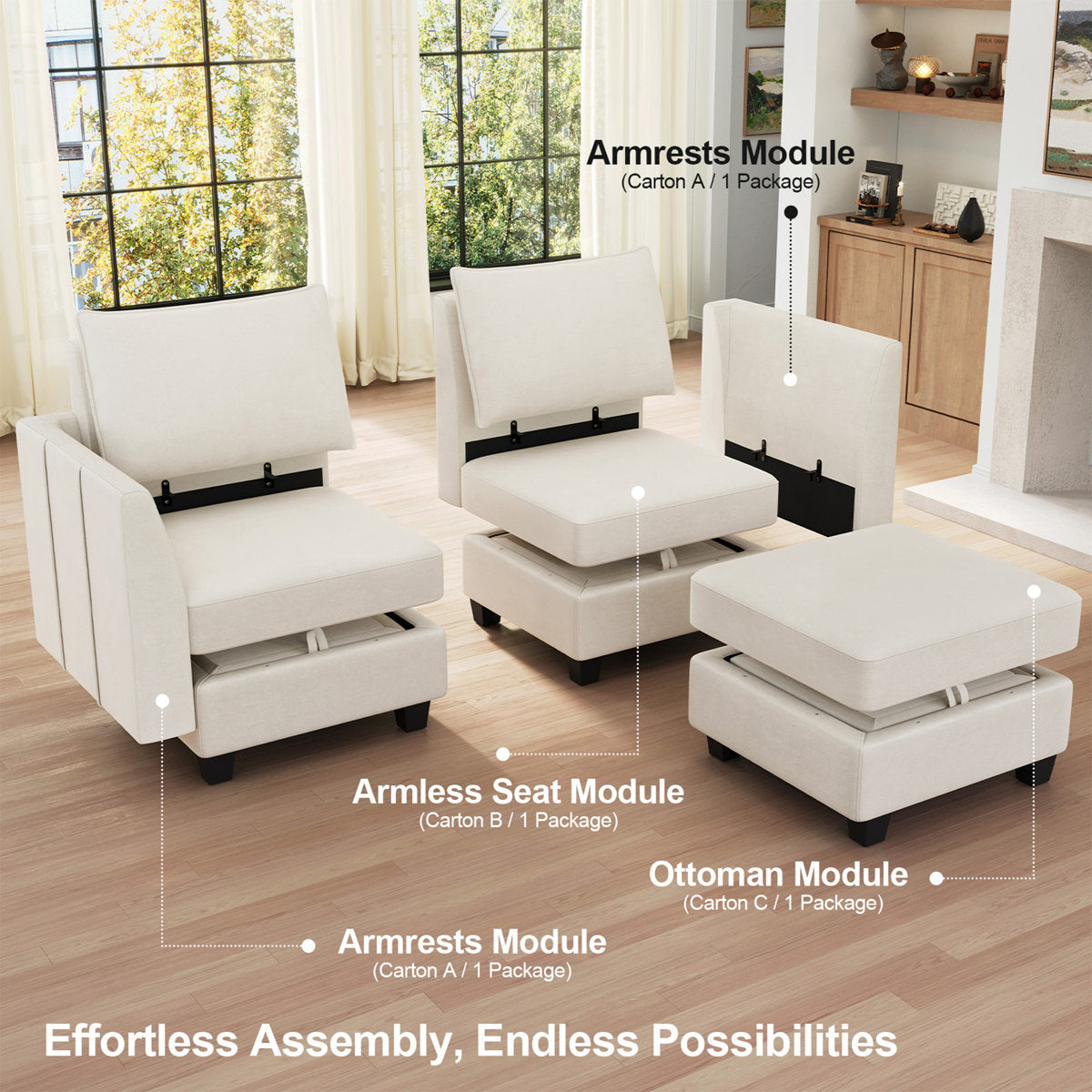 Allinson 9-Piece U Shaped Velvet Freely Combined Modular Sofa L-Shaped Solid Wood Sectional Storage Couch Livingroom Sofa with Ottoman