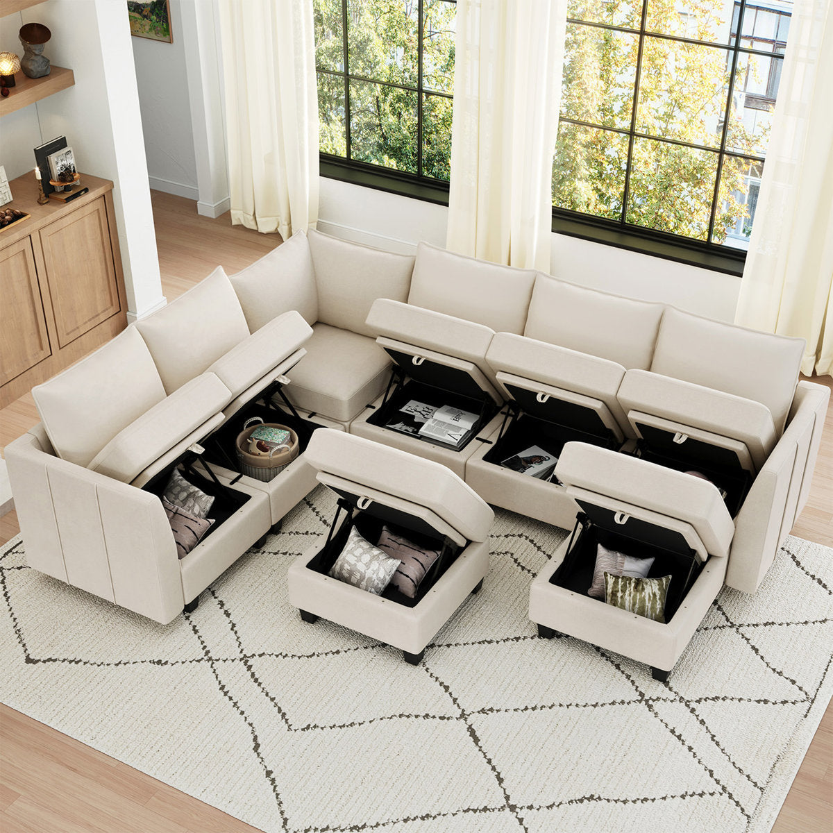 Allinson 9-Piece U Shaped Velvet Freely Combined Modular Sofa L-Shaped Solid Wood Sectional Storage Couch Livingroom Sofa with Ottoman