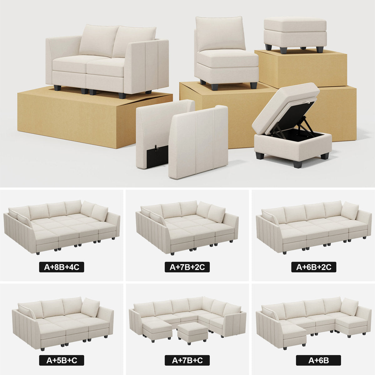 Allinson 9-Piece U Shaped Velvet Freely Combined Modular Sofa L-Shaped Solid Wood Sectional Storage Couch Livingroom Sofa with Ottoman