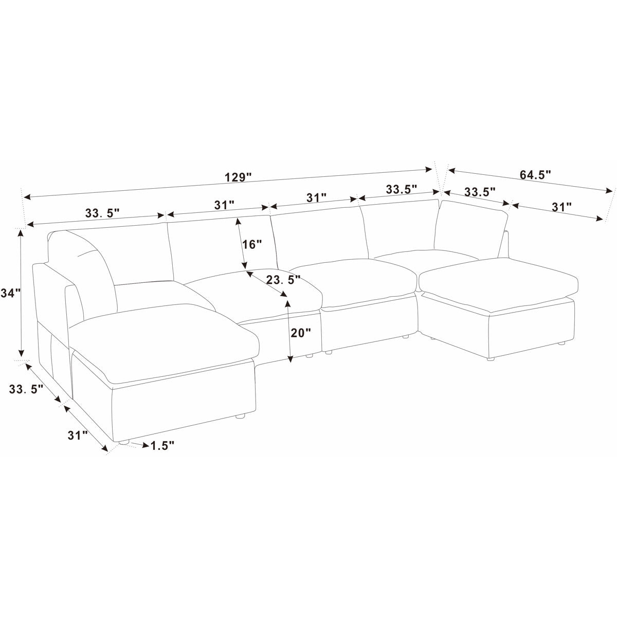 Annai 129" Wide Reversible Modular Corner Sectional with Ottoman