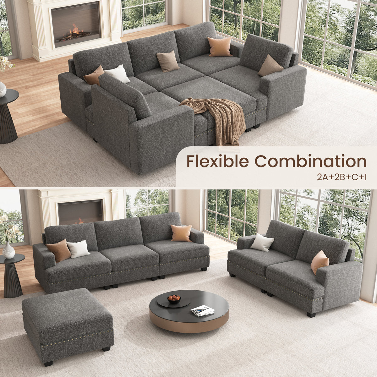 Anureet U Shaped Sleeper Sectional Modular Grey Sectional Sofa