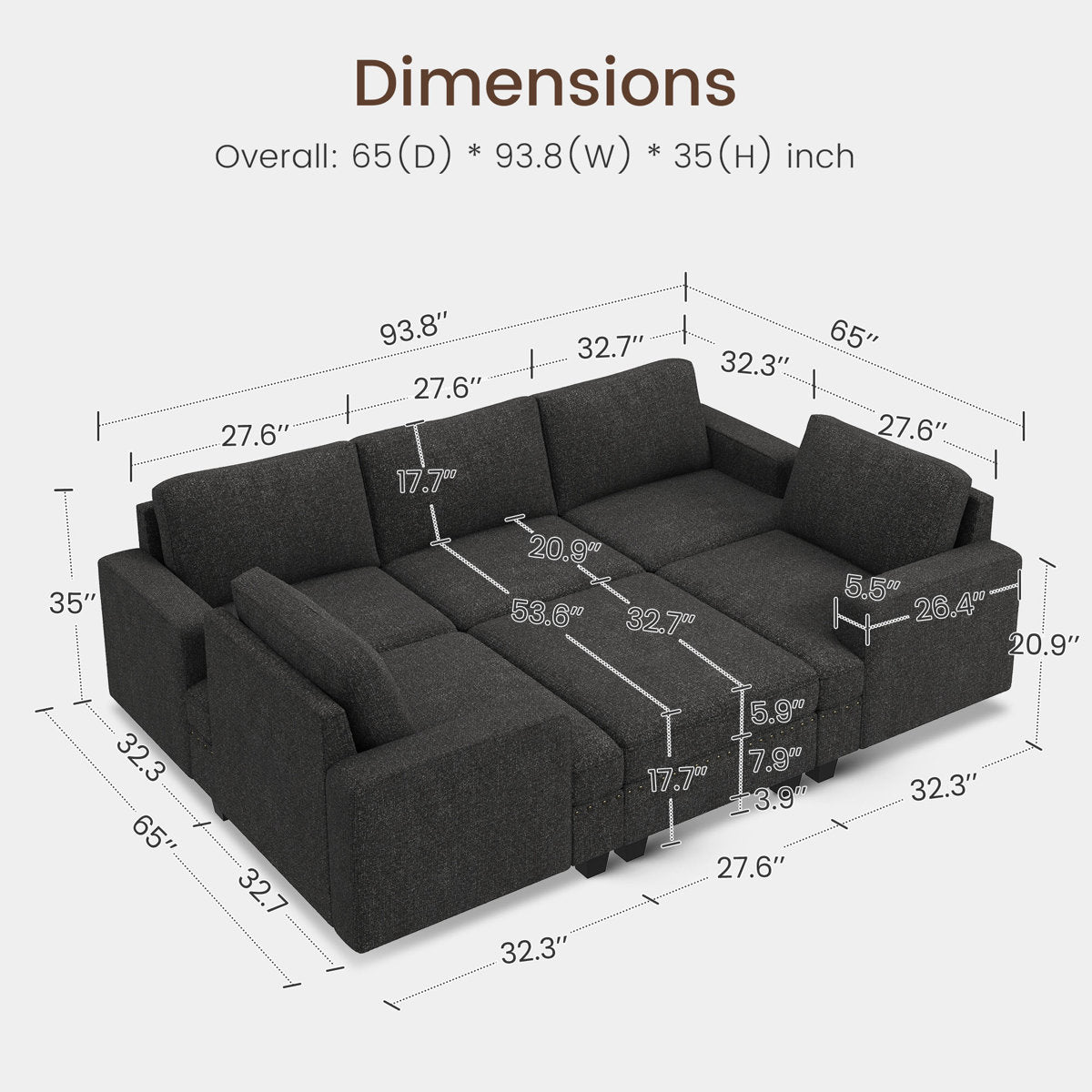 Anureet U Shaped Sleeper Sectional Modular Grey Sectional Sofa