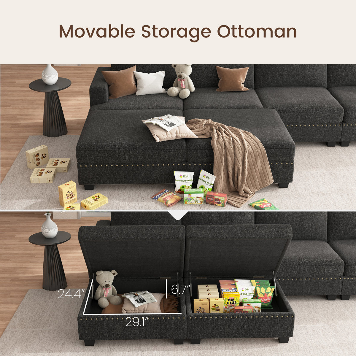 Anureet U Shaped Sleeper Sectional Modular Grey Sectional Sofa