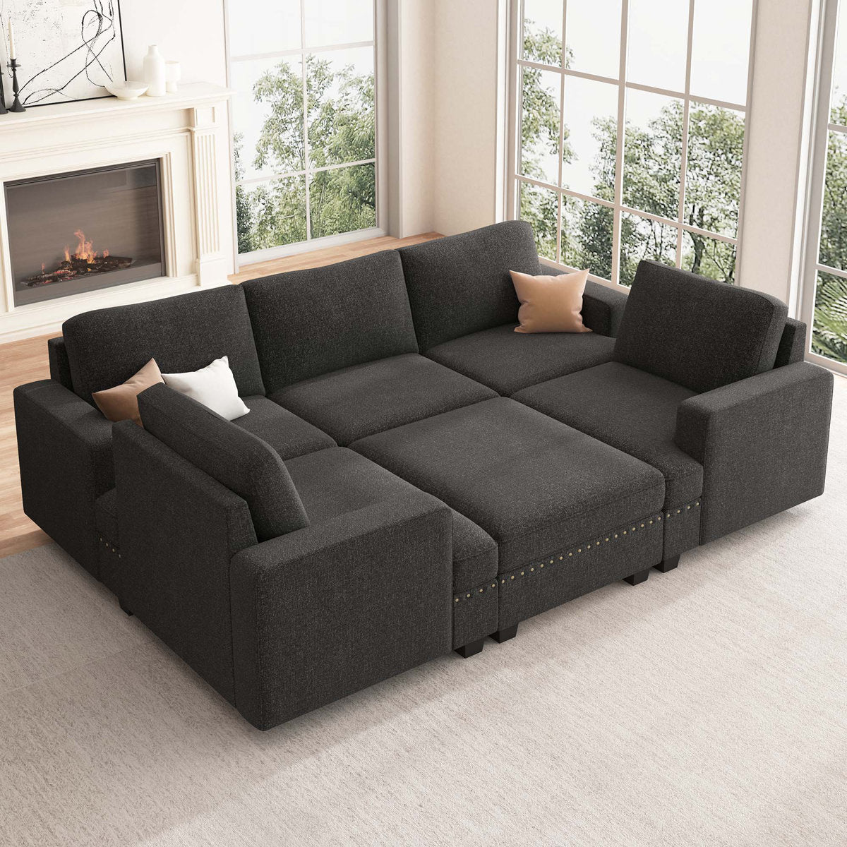 Anureet U Shaped Sleeper Sectional Modular Grey Sectional Sofa