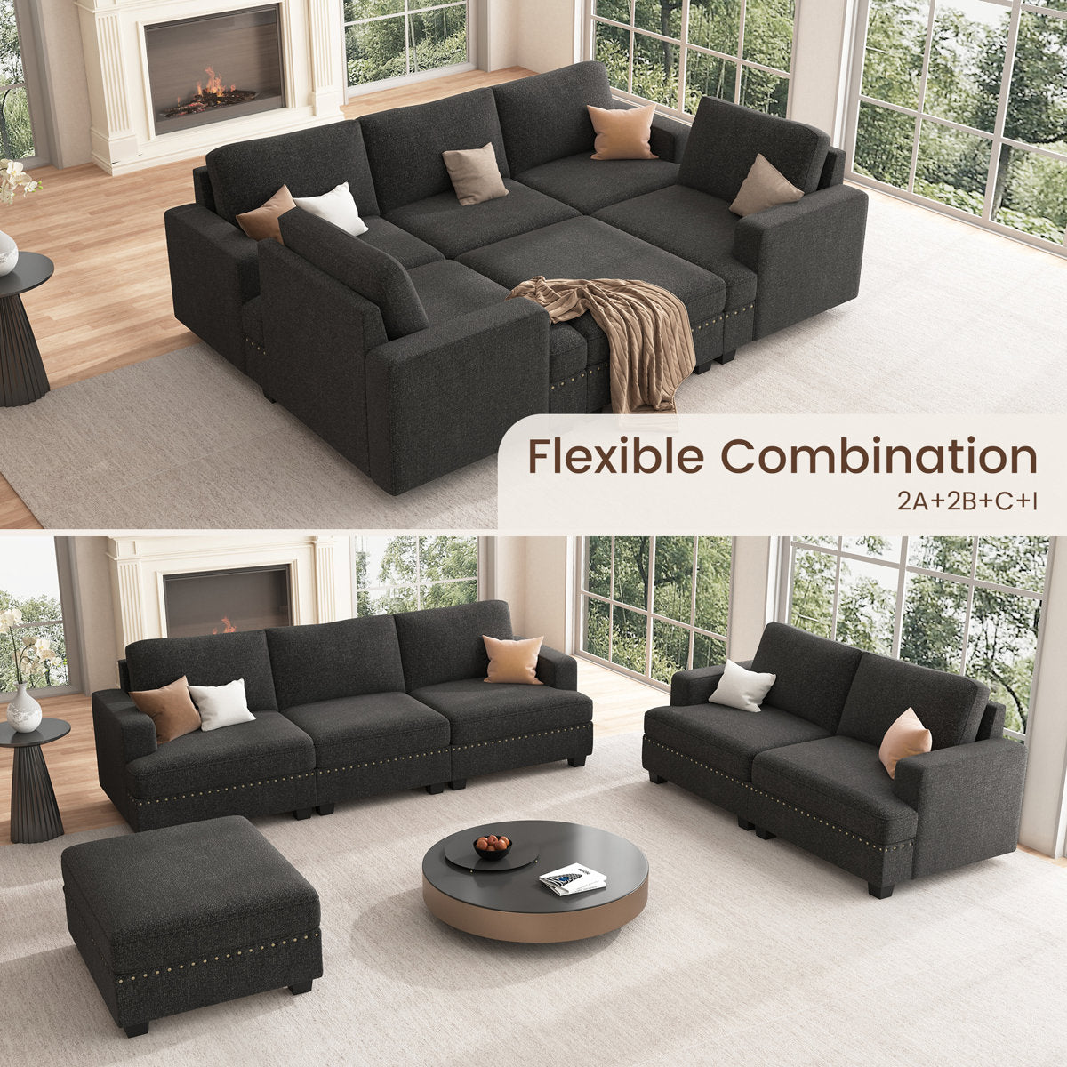 Anureet U Shaped Sleeper Sectional Modular Grey Sectional Sofa