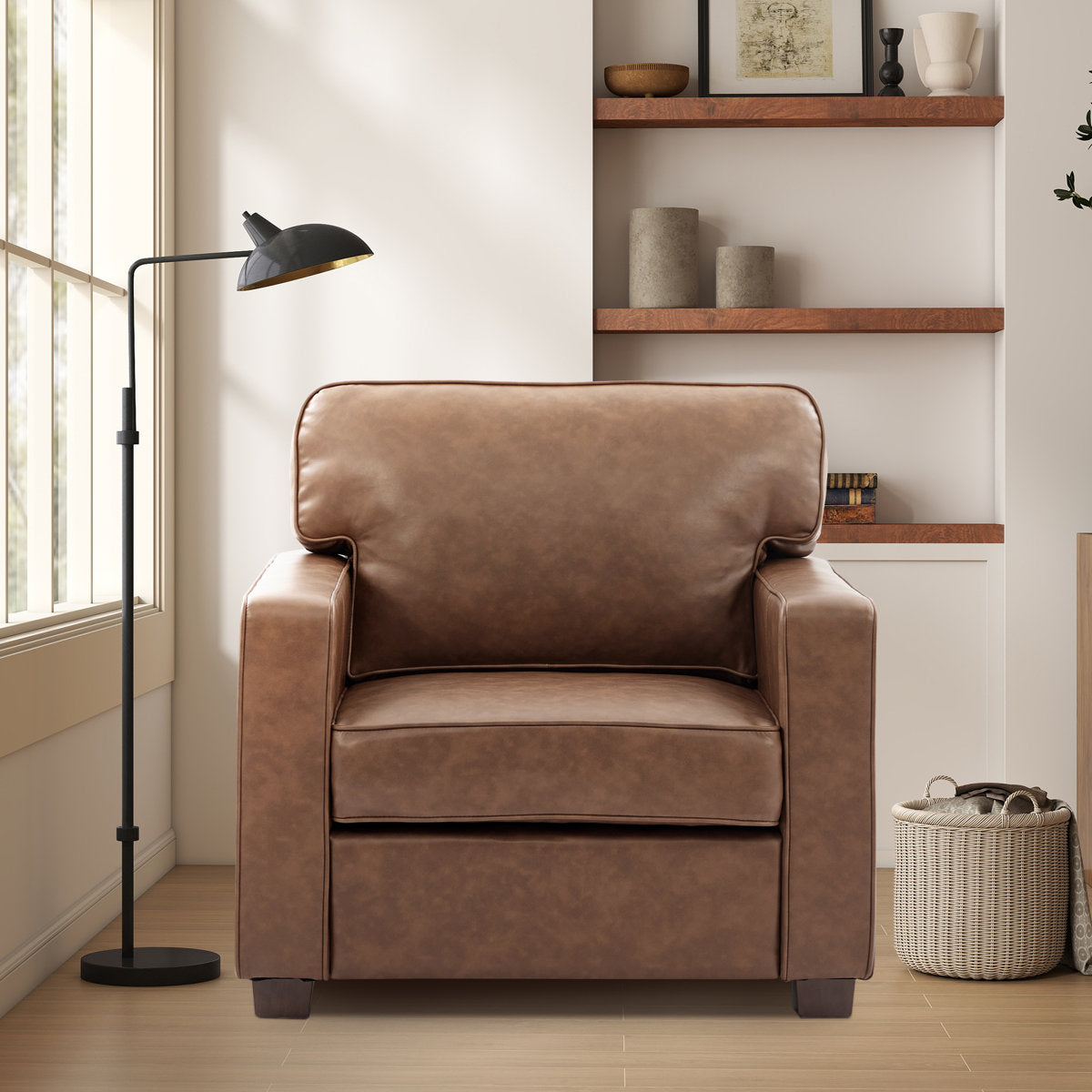 Ayer 34.8'' W Mid Century Modern Couch, Faux Leather Accent Chair for Living Room?Brown