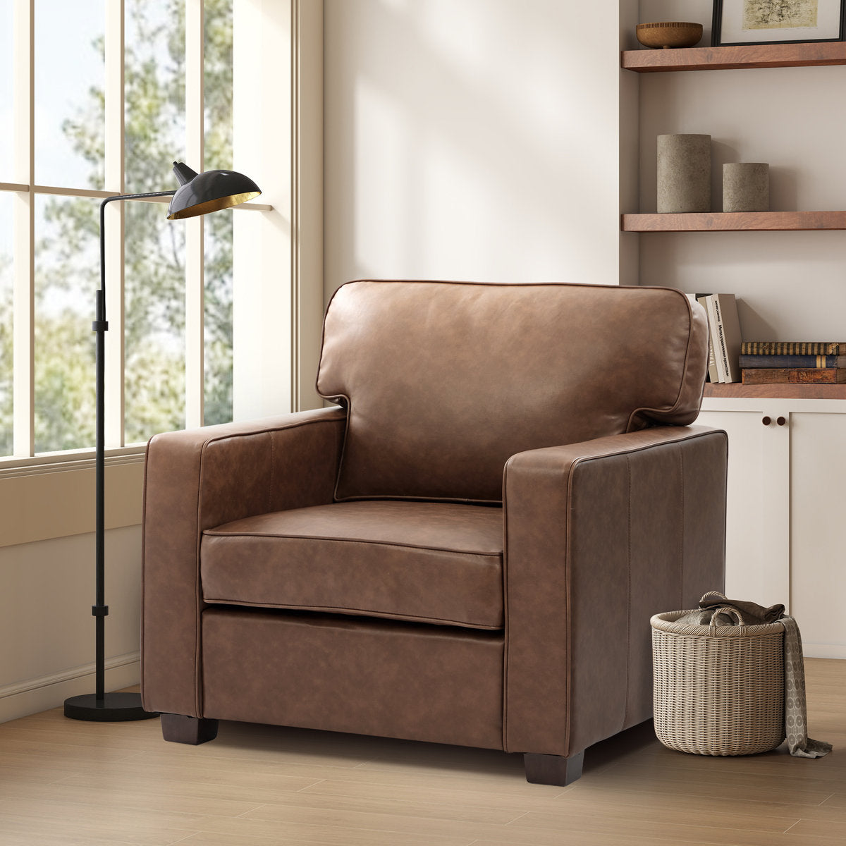 Ayer 34.8'' W Mid Century Modern Couch, Faux Leather Accent Chair for Living Room?Brown