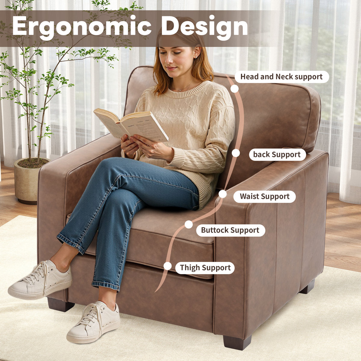 Ayer 34.8'' W Mid Century Modern Couch, Faux Leather Accent Chair for Living Room?Brown