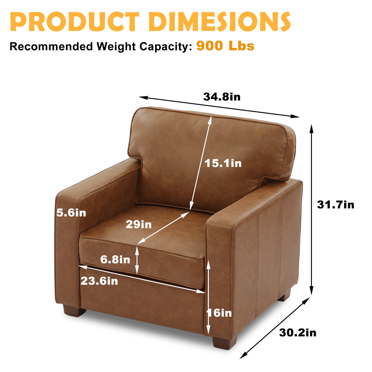 Ayer 34.8'' W Mid Century Modern Couch, Faux Leather Accent Chair for Living Room?Brown