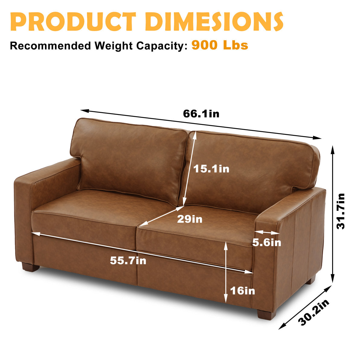 Ayer 66.1'' W Mid Century Modern Couch, Brown Loveseat Sofa for Living Room Set