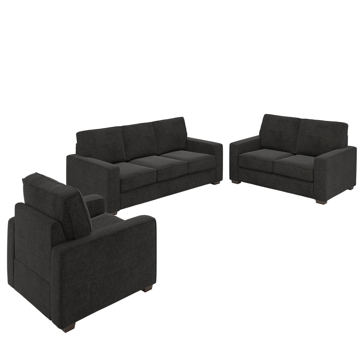 Beaulah Modern Fabric Upholstered Square Arm Sofa Set - Living Room Chair, Loveseat And Sofa