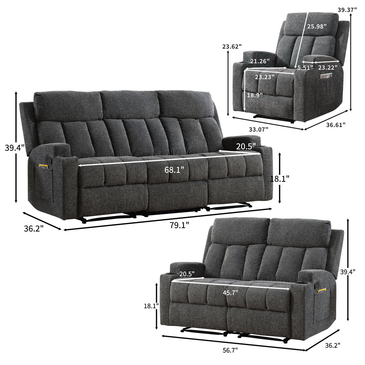 Brost 3-Piece Manual Reclining Living Room Set With Cupholders