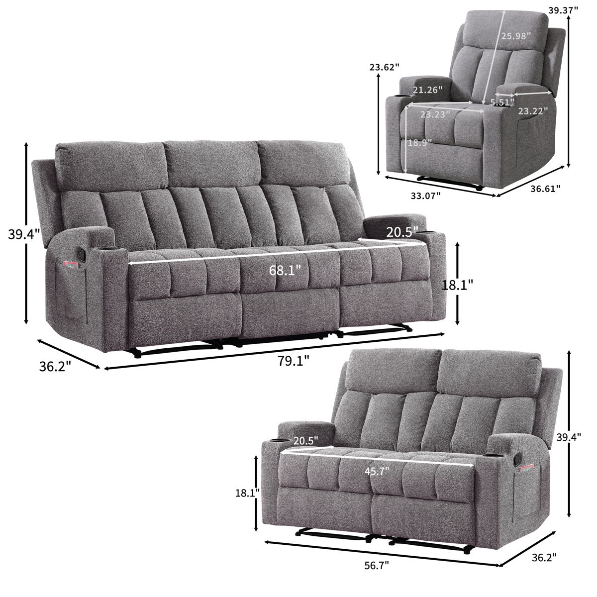Brost 3-Piece Manual Reclining Living Room Set With Cupholders