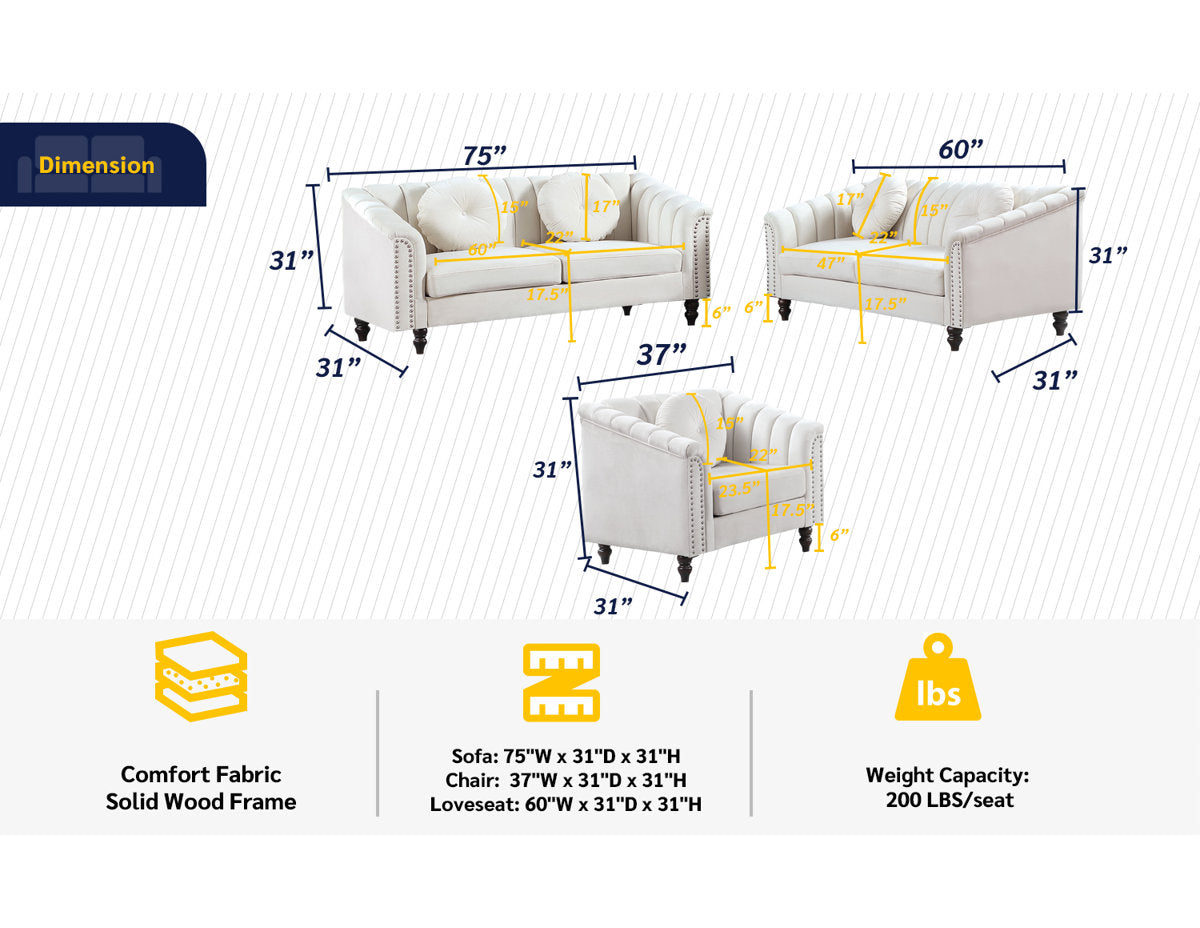 Caesyn 3 - Piece Velvet Living Room Set