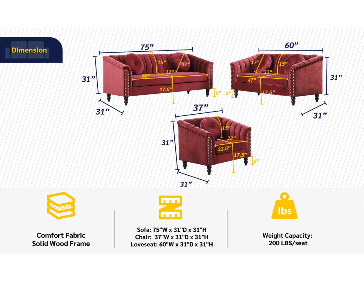 Caesyn 3 - Piece Velvet Living Room Set