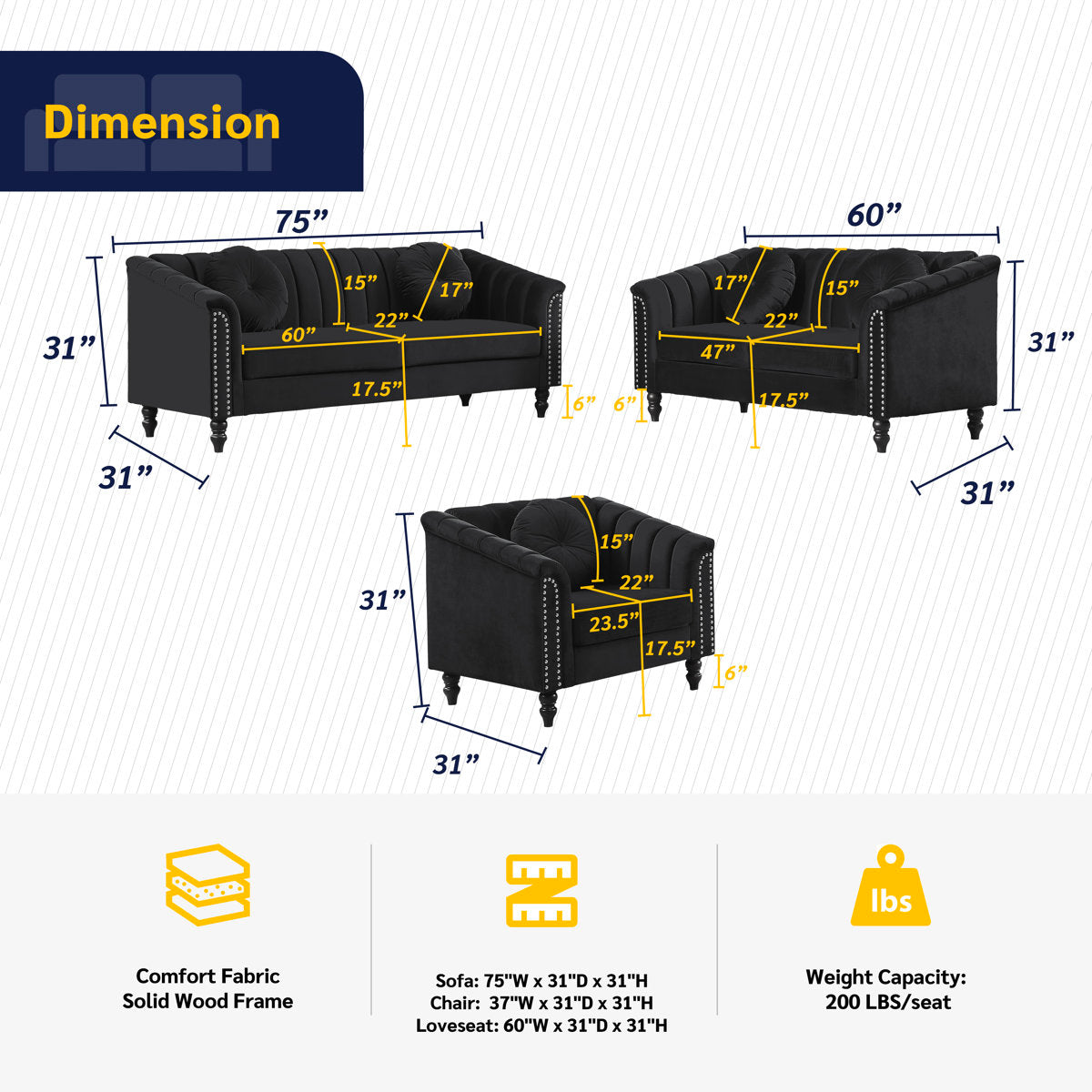 Caesyn 3 - Piece Velvet Living Room Set