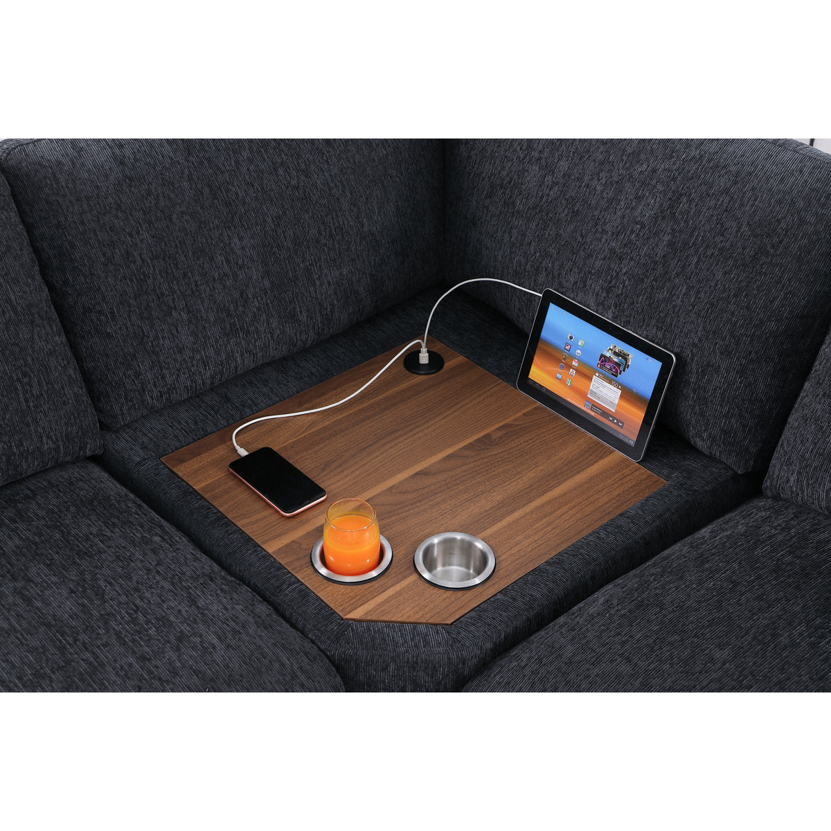 Deantrei Corner Sectional Sofa With Cupholder Console With A Corner Table With USB Port And An Ottoman