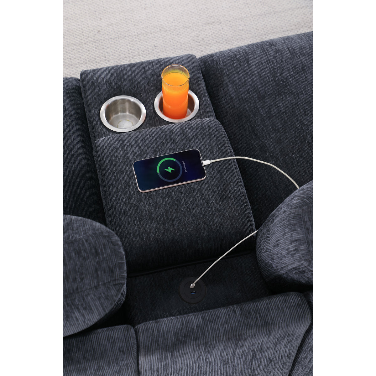 Deantrei Corner Sectional Sofa With Cupholder Console With A Corner Table With USB Port And An Ottoman