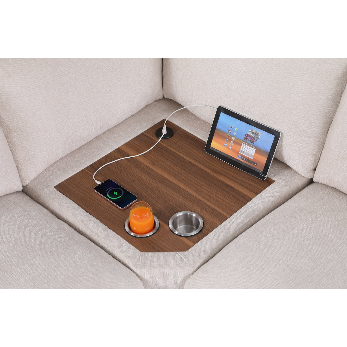 Deantrei Corner Sectional Sofa With Cupholder Console With A Corner Table With USB Port And An Ottoman