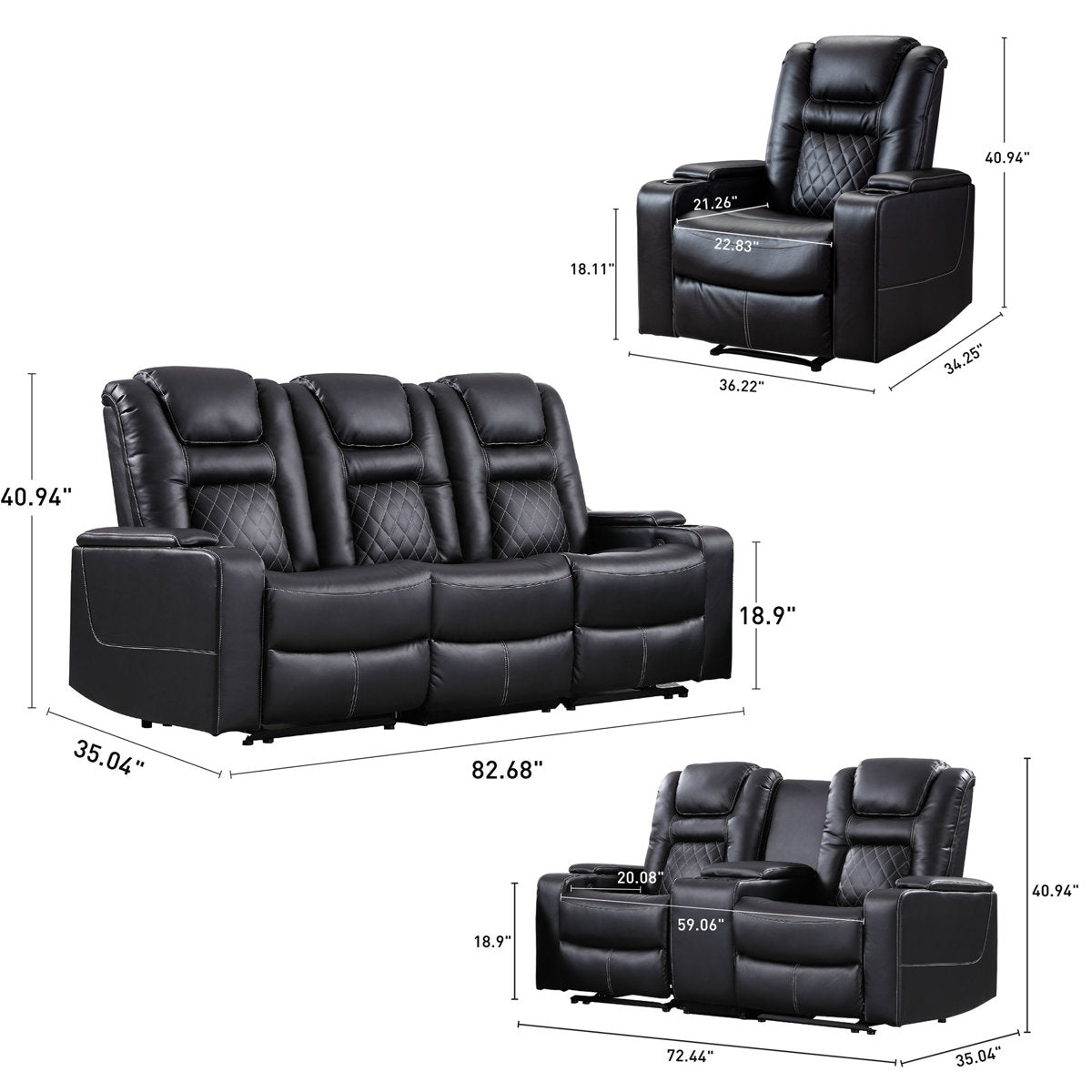 Drennen 3-Piece Luxe Home Theater Reclining Living Room Set With USB Ports & Cup Holders
