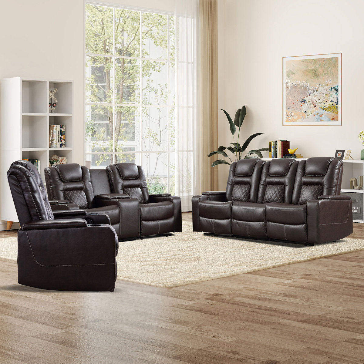 Drennen 3-Piece Luxe Home Theater Reclining Living Room Set With USB Ports & Cup Holders