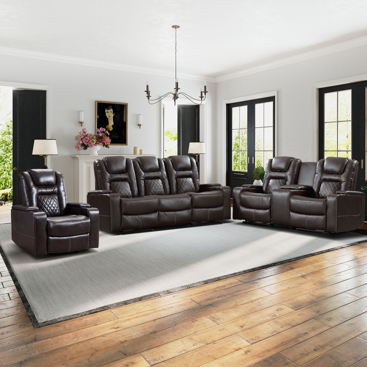 Drennen 3-Piece Luxe Home Theater Reclining Living Room Set With USB Ports & Cup Holders