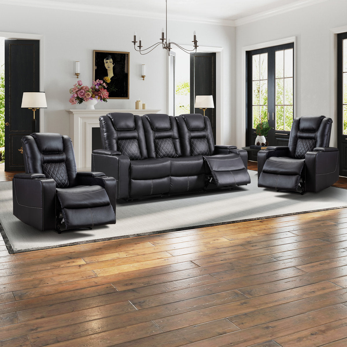 Drennen 3-Piece Power Recliner Home Theater Living Room Set With USB Charging & Storage & Cupholders